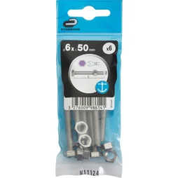 Sachet de 6 boulons inox, tête 6 pans hexagonal, STANDERS, L.50 mm