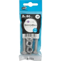 Sachet de 4 boulons inox, tête 6 pans hexagonal, STANDERS, L.60 mm