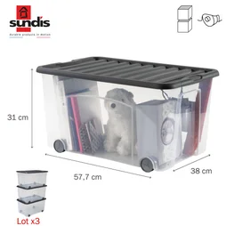 Lot de 3 bacs SUNDIS polypropylene transparent l.38 x H.31 cm, 50 l