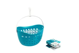 Lot de 12 pinces à linge fleur et son panier en polypropylène, H.14 X P.17 cm bleu