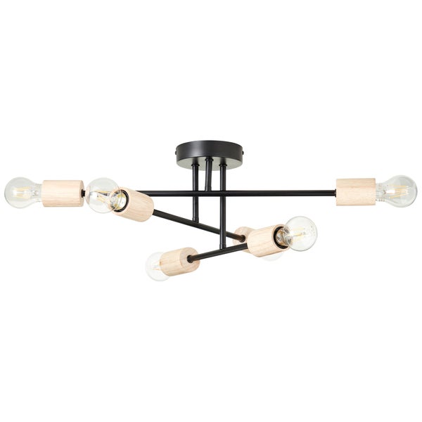 Plafonnier 6 x E27, nature metal et bois, Lina, INSPIRE, L.60 cm