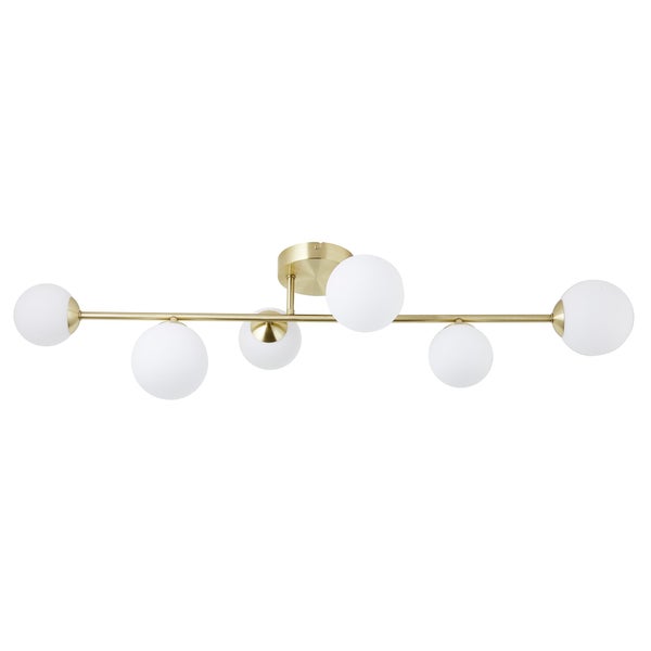Plafonnier 6 x G9, glamour, laiton et verre opalin, Callas, Inspire L.98 cm