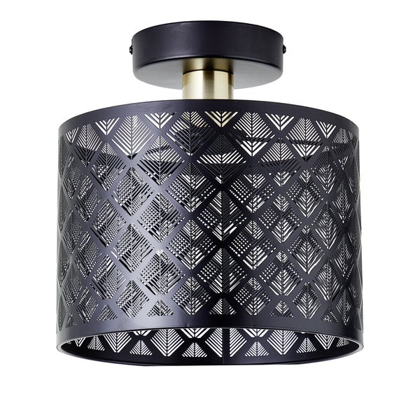 Plafonnier 1 x E27, glamour, metal noir et laiton, Galati, INSPIRE, D.25 cm
