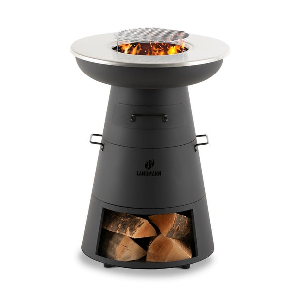 Brasero 2 en 1 avec plancha en acier inoxydable et reserve de bois, LANDMANN