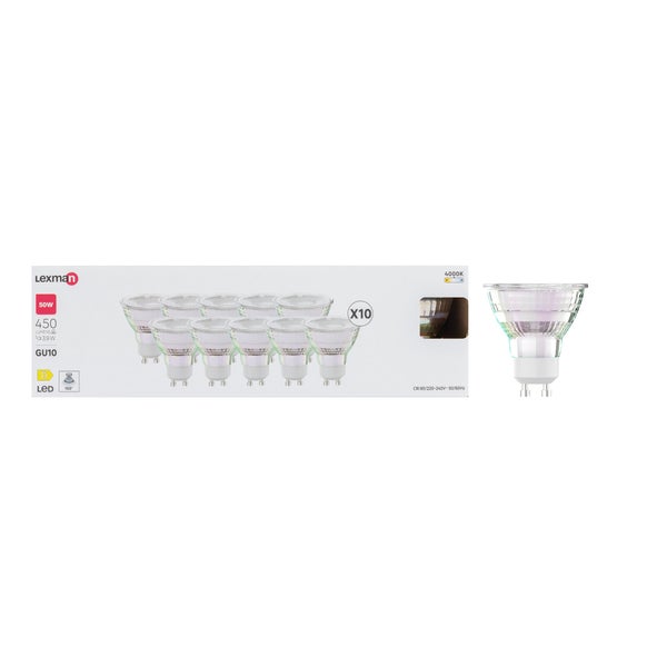 Lot de 10 ampoules led réflecteur GU10, 450lm = 50W, blanc neutre, LEXMAN