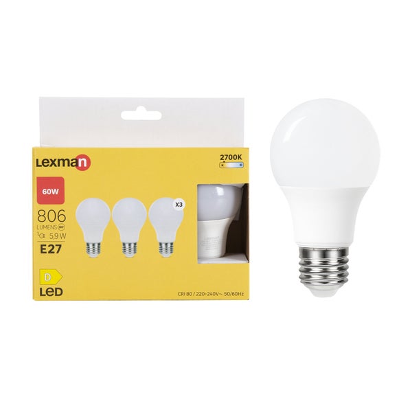 Lot de 3 ampoules led, plastique, E27, 806lm = 60W, blanc chaud, LEXMAN