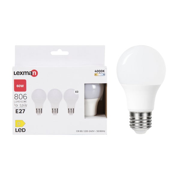 Lot de 3 ampoules led, plastique, E27, 806lm = 60W, blanc neutre, LEXMAN