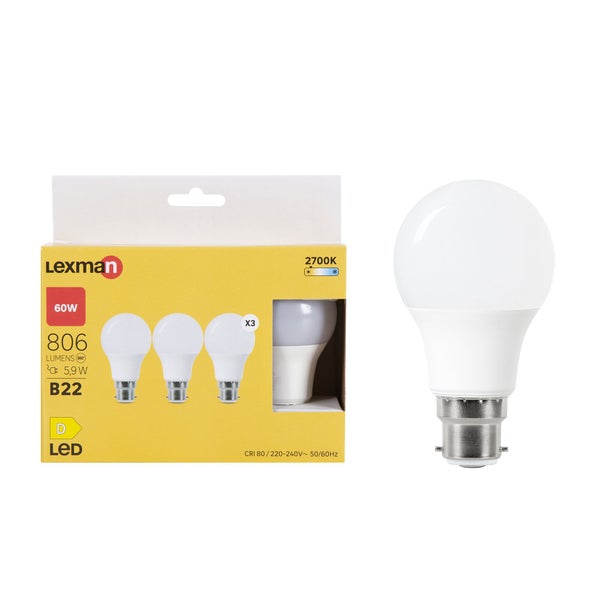 Lot de 3 ampoules dispositif led monté en surface (smd)  B22, 806Lm = 5.9W, LEXMAN