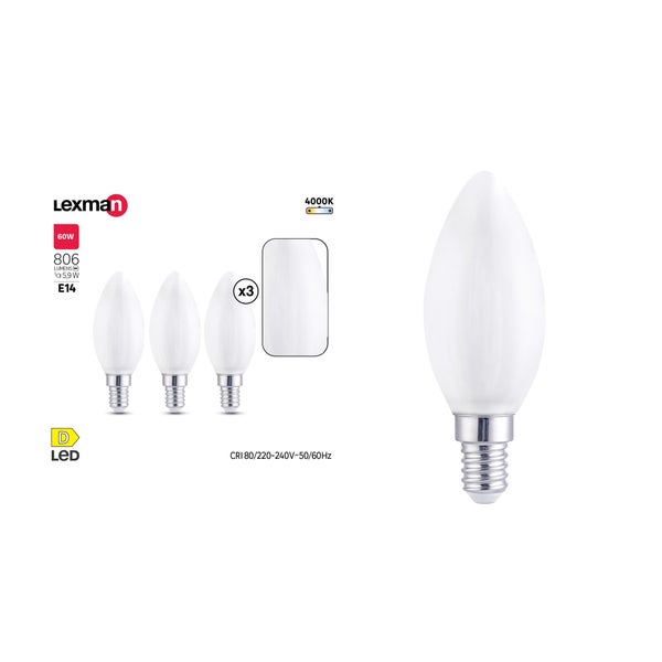 Lot de 3 ampoules led à filament  E14, 806Lm = 5.9W, LEXMAN