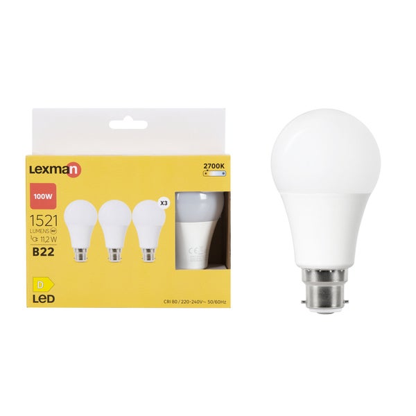 Lot de 3 ampoules led, plastique, B22, 1521lm = 100W, blanc chaud, LEXMAN