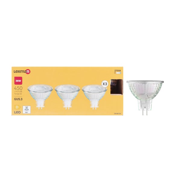 Lot de 3 ampoules led, réflecteur GU5.3, 100°, 450lm = 36W, blanc chaud, LEXMAN