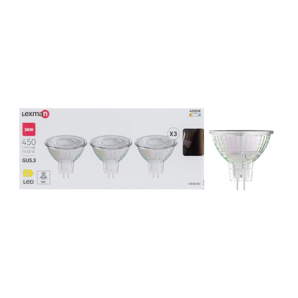 Lot de 3 ampoules led, réflecteur GU5.3, 100°, 450lm = 36W, blanc neutre, LEXMAN