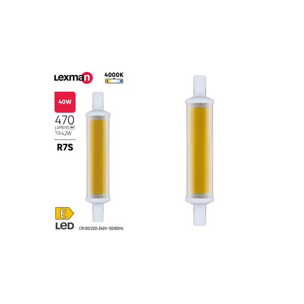 Ampoule led, tube R7S, 78mm, 470lm = 40W, blanc neutre, LEXMAN