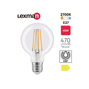 Ampoule led à filament, globe 80mm, E27, 470lm = 40W, blanc chaud, LEXMAN