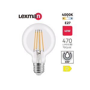 Ampoule led à filament, globe 80mm, E27, 470lm = 40W, blanc neutre, LEXMAN