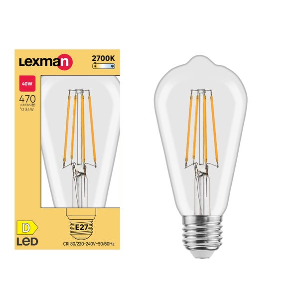 Ampoule led edison verre e27 3,4w=40w 470lm claire 2700k LEXMAN
