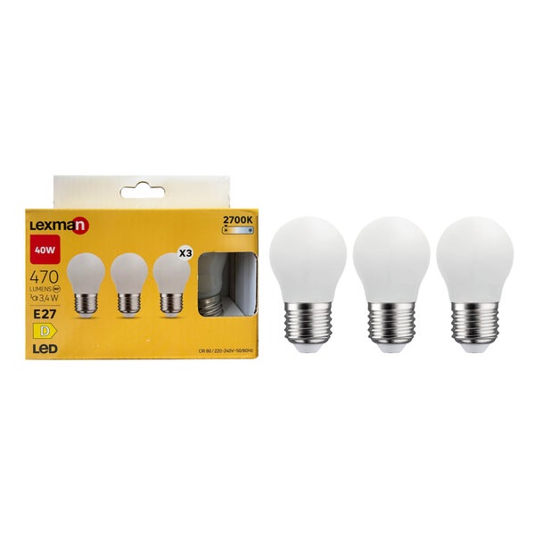 Lot de 3 ampoules led, sphérique, E27, 470lm = 40W, blanc chaud, LEXMAN