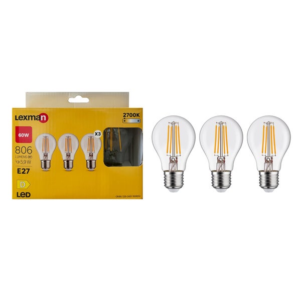 Lot de 3 ampoules led, E27, 806lm = 60W, blanc chaud, LEXMAN