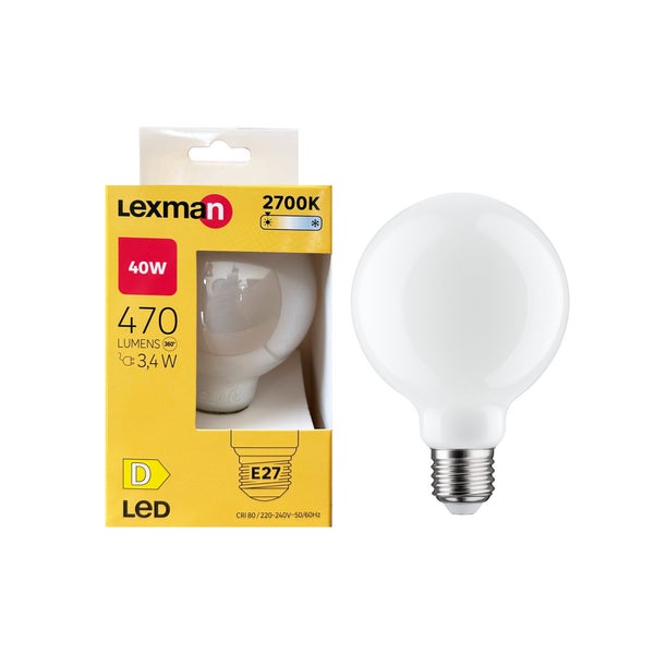 Ampoule led, globe 80mm, E27, 470lm = 40W, blanc chaud, LEXMAN