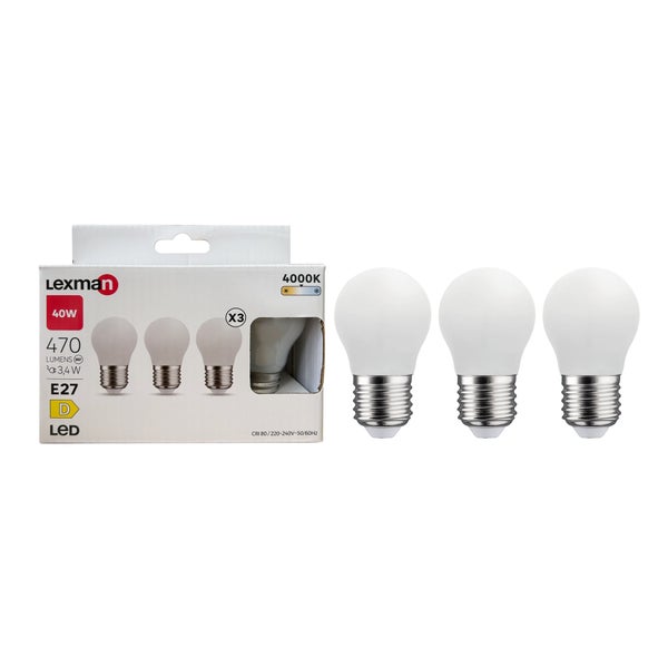 Lot de 3 ampoules led, sphérique E27, 470lm = 40W, blanc neutre, LEXMAN