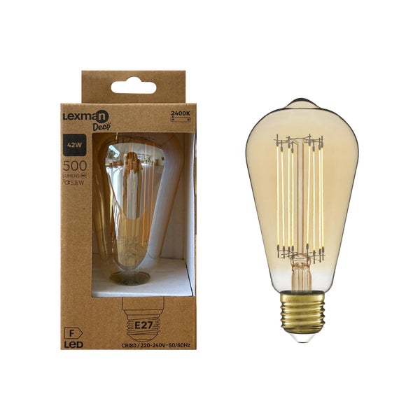 Ampoule led déco, fil carbone, Edison, E27, 500lm, blanc très chaud, LEXMAN