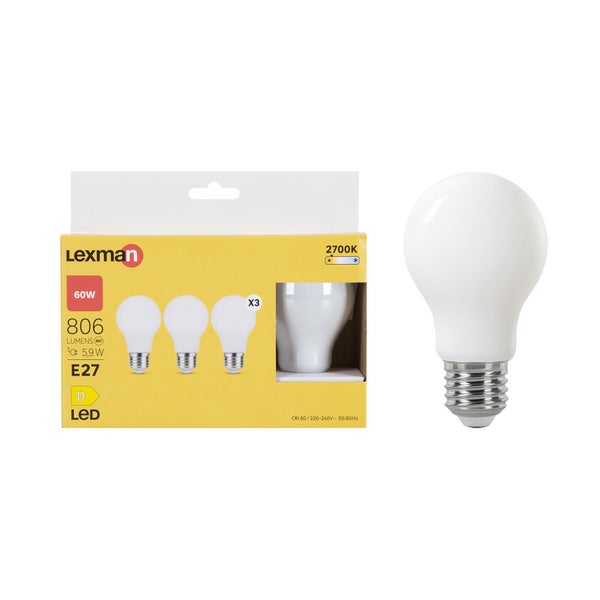 Lot de 3 ampoules led, E27, 806lm = 60W, blanc chaud, LEXMAN