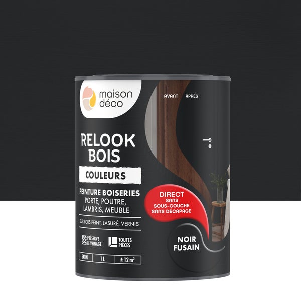 Peinture  Relook bois MAISON DECO, noir fusain satine, 1 l