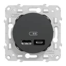 Prise chargeur double usb A+C 12W à assembler Odace, SCHNEIDER ELECTRIC, anthracite