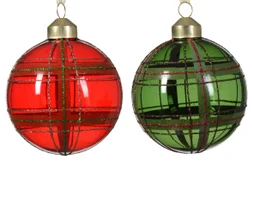 Boule Noel verre d8 transparente rouge/vert croisillons or paillete-pc