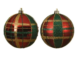 Boule Noel plastique d8cm rouge mat/brill carreaux vert/or paillet-pc