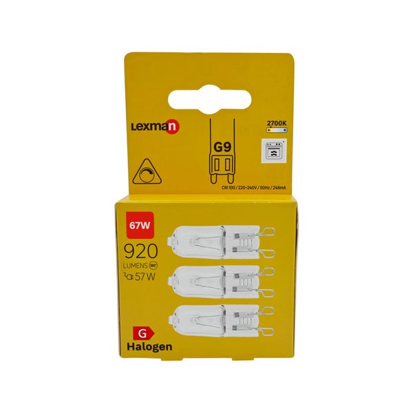 Lot de 3 ampoules halogène, capsule G9, 920lm = 67W, blanc chaud, dimmables, LEXMAN