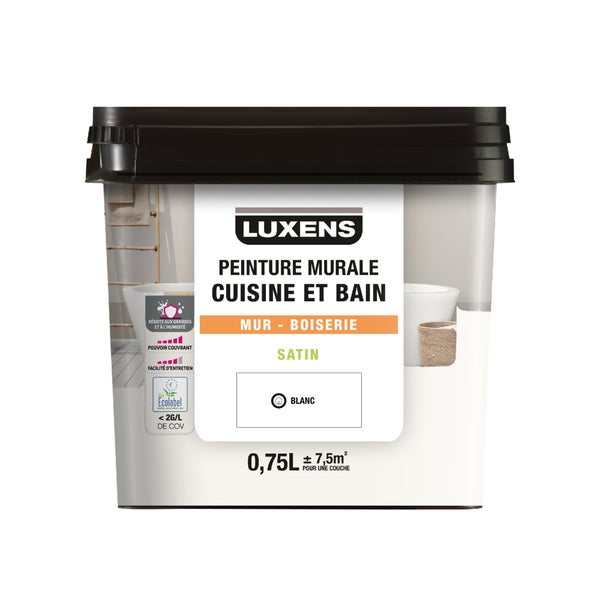 Peinture mur cuisine et bain, LUXENS, blanc satin, 0.75 litre