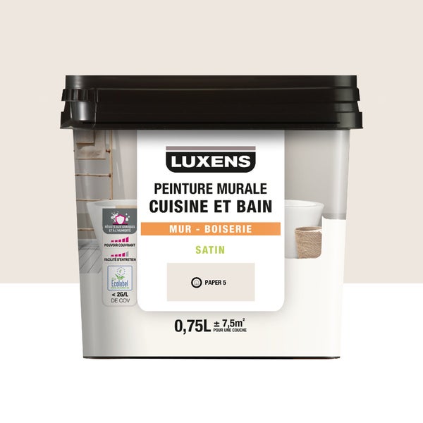 Peinture mur cuisine et bain, LUXENS Paper 5 satin, 0.75 litre