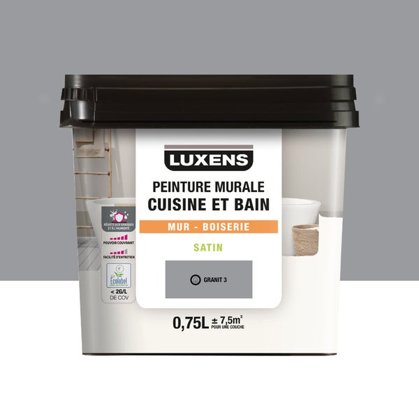 Peinture mur cuisine et bain, LUXENS Granit 3 satin, 0.75 litre