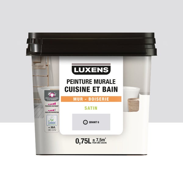 Peinture mur cuisine et bain, LUXENS Granit 6 satin, 0.75 litre