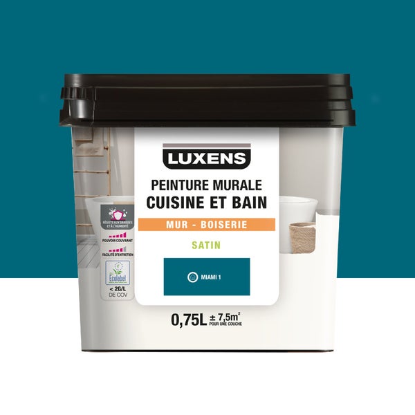 Peinture mur cuisine et bain, LUXENS Miami 1 satin, 0.75 litre