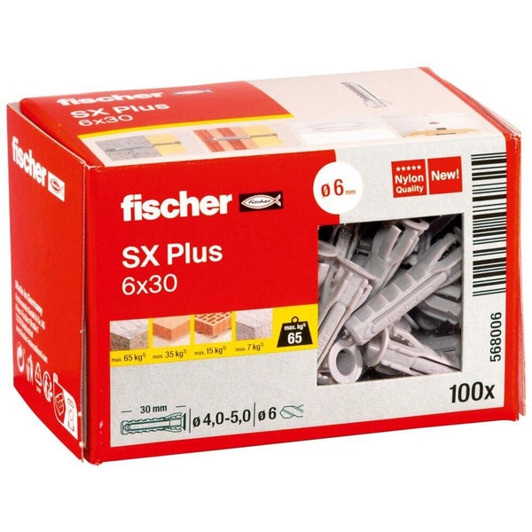 Boite de 100 chevilles à expansion nylon SX Plus FISCHER, diam.6 x L.30 mm