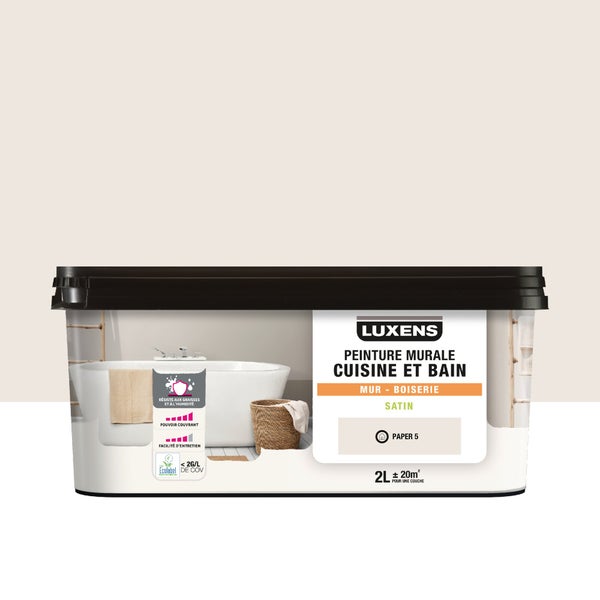 Peinture mur cuisine et bain, LUXENS paper 5 satin, 2 litres