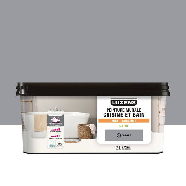 Peinture mur cuisine et bain, LUXENS granit 3 satin, 2 litres