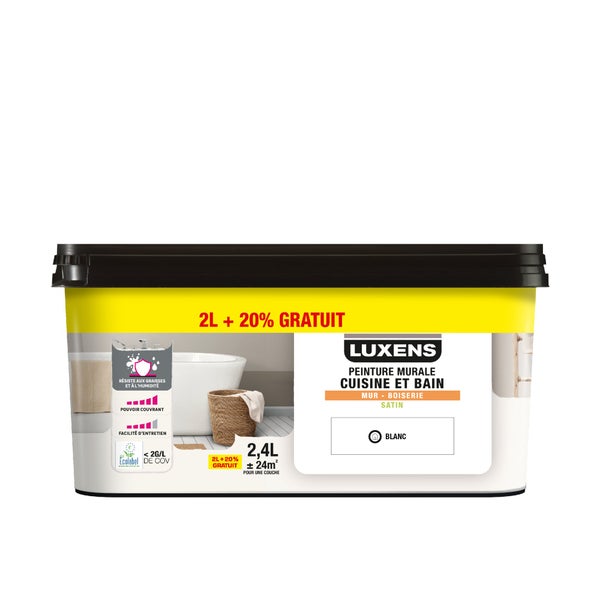 Peinture mur blanc satin LUXENS Cuisine et bain 2.5L+20% gratuit