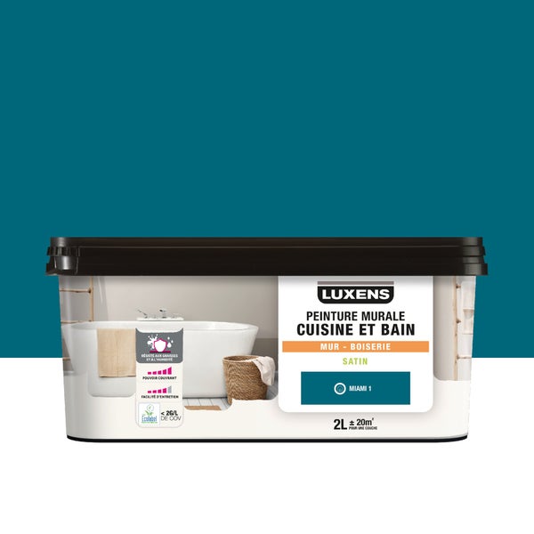 Peinture mur cuisine et bain, LUXENS Miami 1 satin, 2 litres