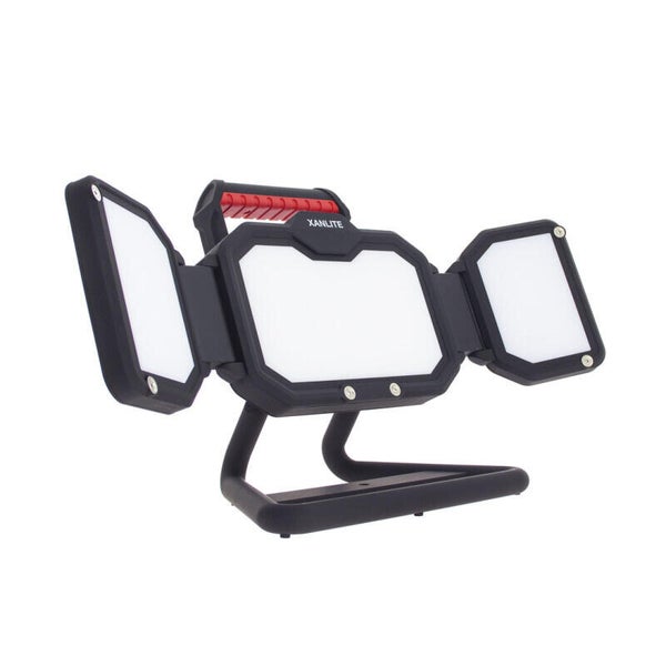 Projecteur LED IP54, 3400 lumens, 3 têtes orientables, 3 modes, 10h autonomie, Blanc froid, rechargeable USB-C XANLITE