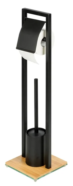 Support de papier toilette avec brosse WC BAMBUSA, avec base en bambou, noir, WENKO