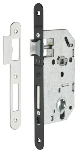 Serrure à encastrer réversible, axe 45x70 mm, pêne de 9 mm avec trou de cylindre, bicolore