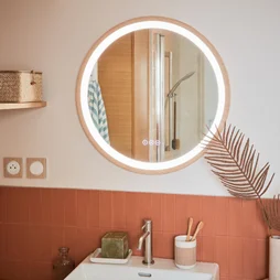 Miroir lumineux rond effet chêne Diam.60 cm Swann, Tactile, Anti-buée, Variateur