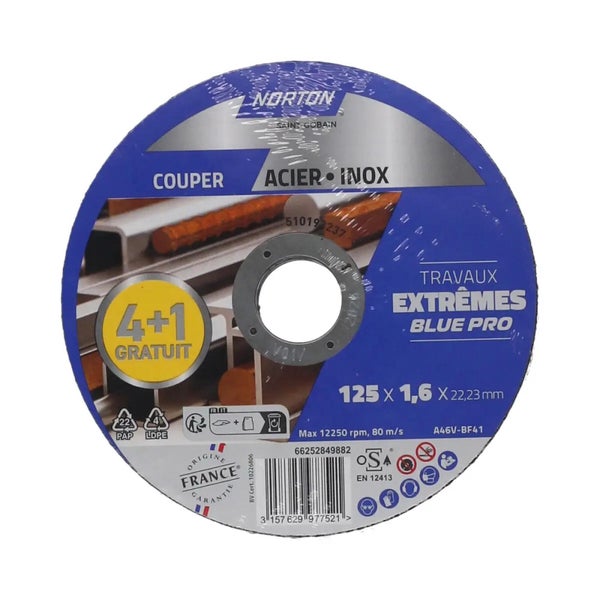 Lot de 4+1 disques acier/inox NORTON 125x1,6