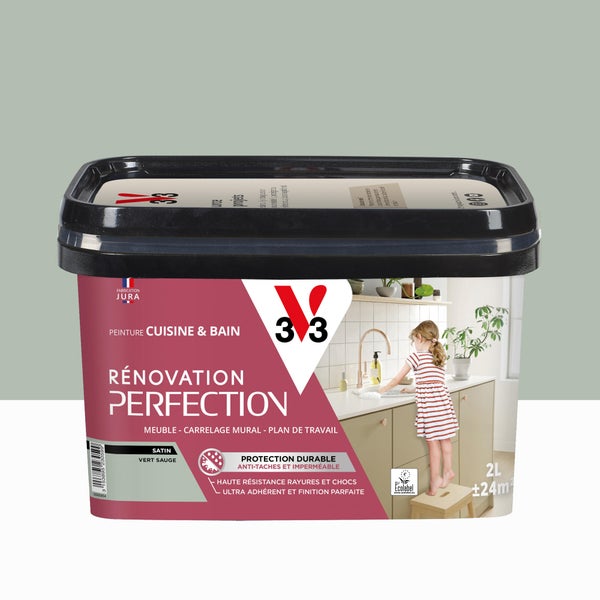 Peinture meuble, V33 Rénovation cuisine et bain, 2l, vert sauge satin