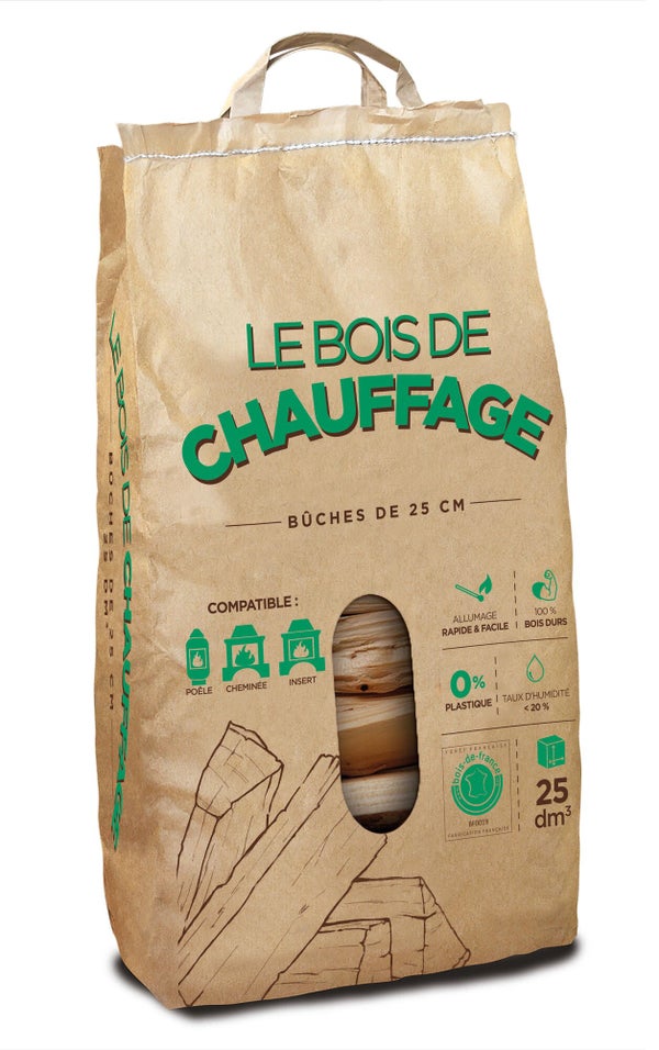 Bûches, sac kraft 25 Dm3, L25, bois dur