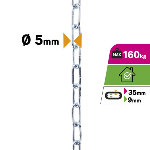 Chaine acier zingué maille longue diamètre 5mm longueur 2.5m 160kg, STANDERS