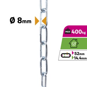 Chaine acier zingué maille longue diamètre 8mm longueur 1m 400kg, STANDERS